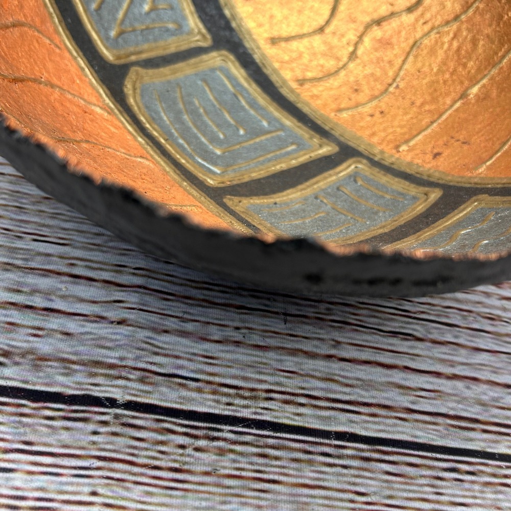 Signed 1998 Handmade Paper Mache Decorative Bowl Copper Black Gold Abstract Art - Picture 4 of 6